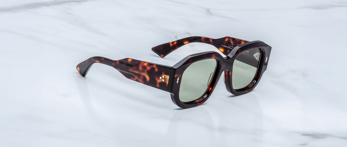 Jacques Marie Mage Lacy tortoiseshell square sunglasses with green lenses, top view.