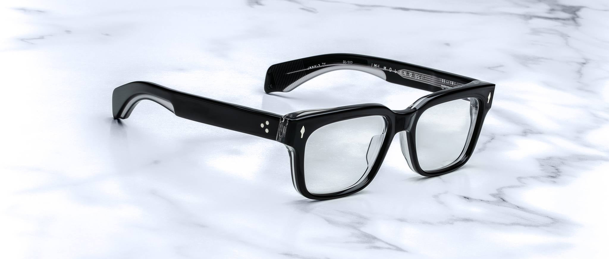 Jacques Marie Mage Molino 55 black rectangular eyeglasses with clear lenses, top down view.