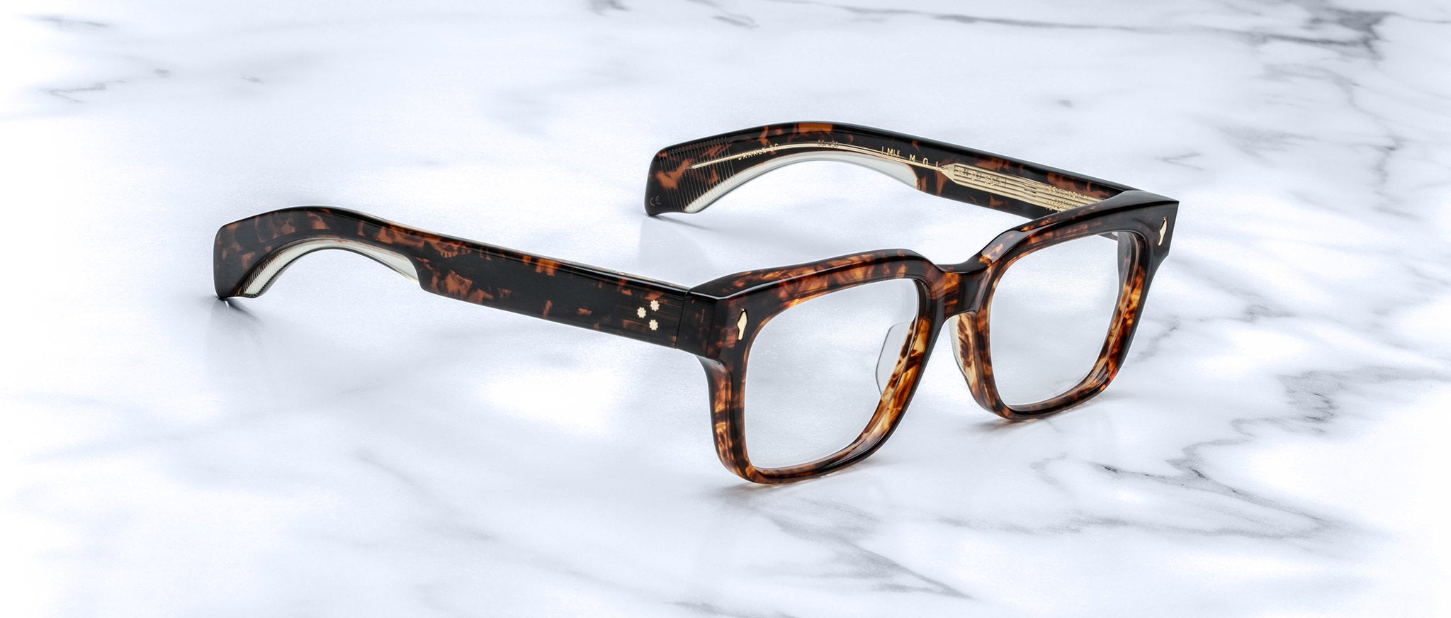 Jacques Marie Mage Molino 55 tortoiseshell eyeglasses with clear lenses, top view.