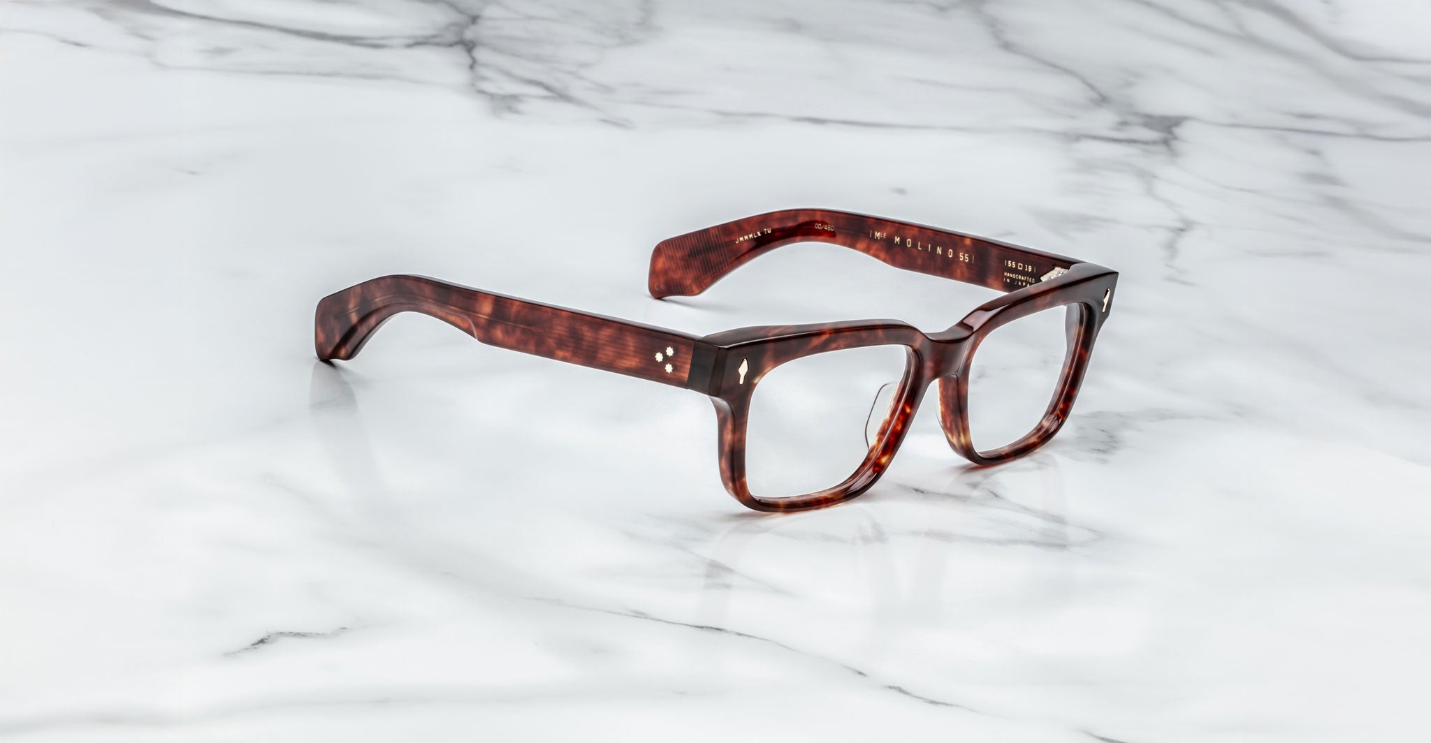 Jacques Marie Mage Molino 55 tortoiseshell rectangular eyeglasses with thick frames, top view.