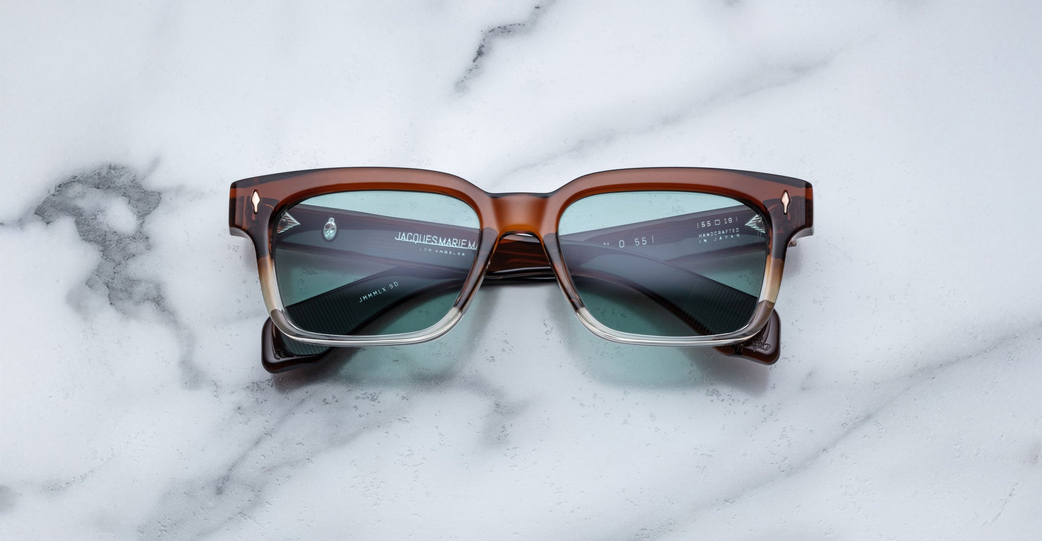 Jacques Marie Mage Molino 55 brown square polarized sunglasses with green lenses, shown from above.