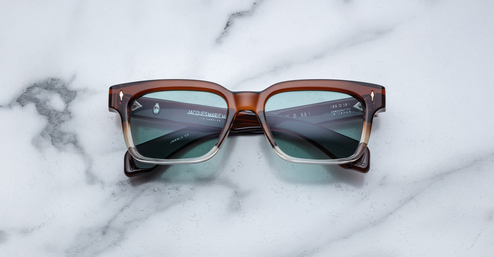 Jacques Marie Mage Molino 55 brown square polarized sunglasses with green lenses, shown from above.