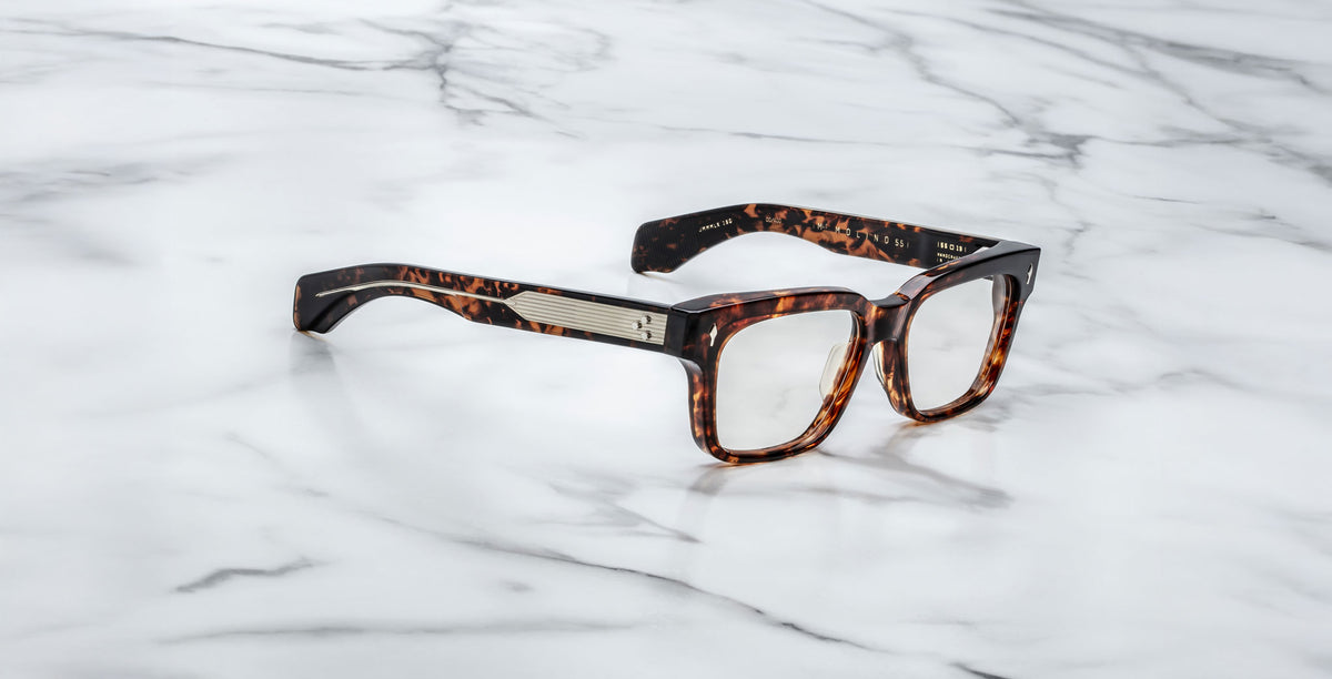 Jacques Marie Mage Molino 55 tortoiseshell rectangular eyeglasses with silver accents, shown from above.