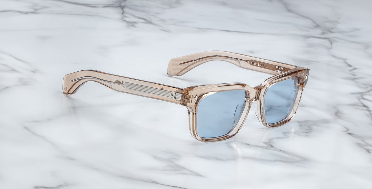 Jacques Marie Mage Molino 55 sunglasses with blue lenses, top view, display the frame on a flat surface.