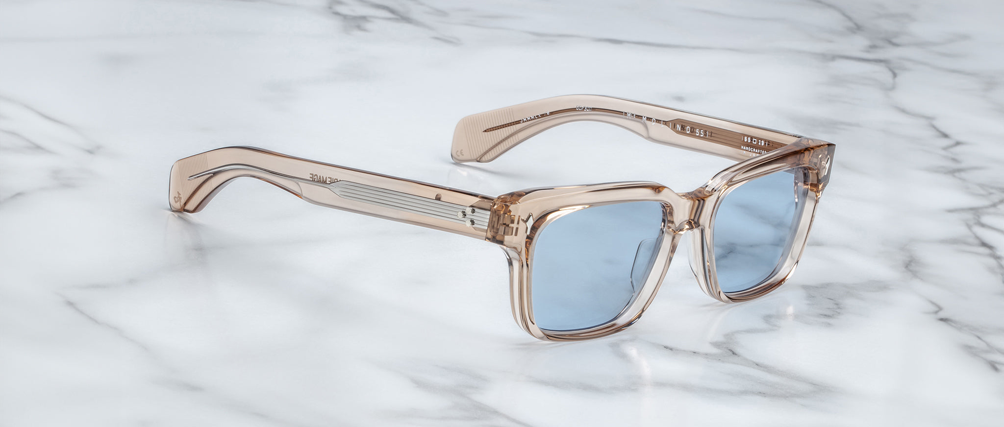 Jacques Marie Mage Molino 55 sunglasses with blue lenses, top view, display the frame on a flat surface.