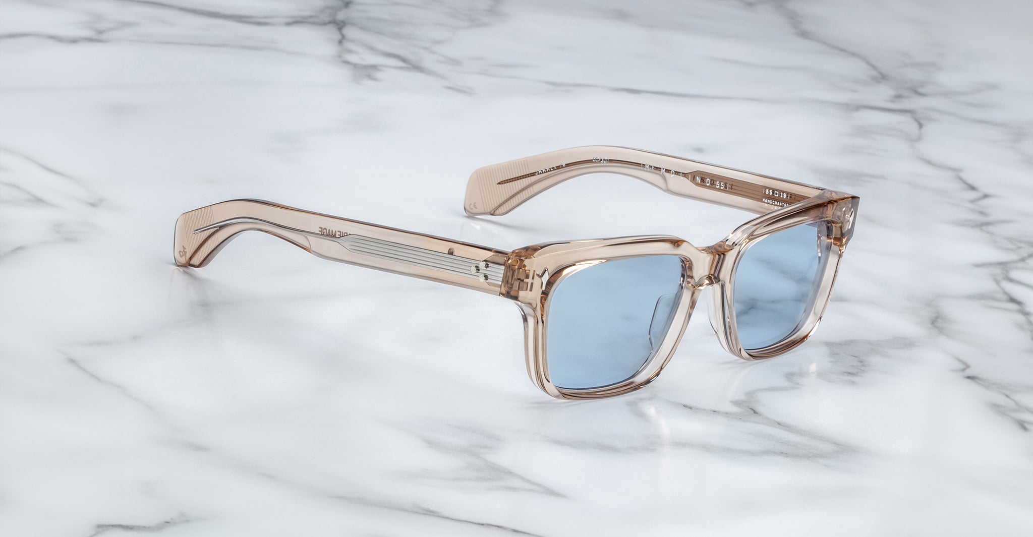 Jacques Marie Mage Molino 55 sunglasses with blue lenses, top view, display the frame on a flat surface.