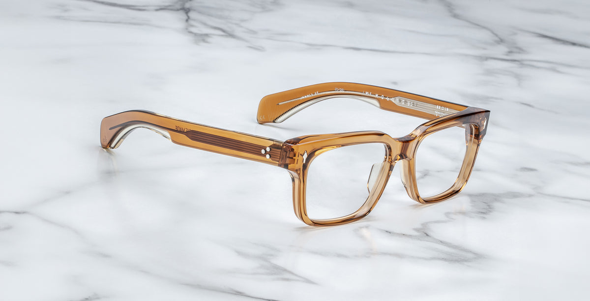 Jacques Marie Mage Molino 55 clear brown square eyeglasses with thick frames, top view.