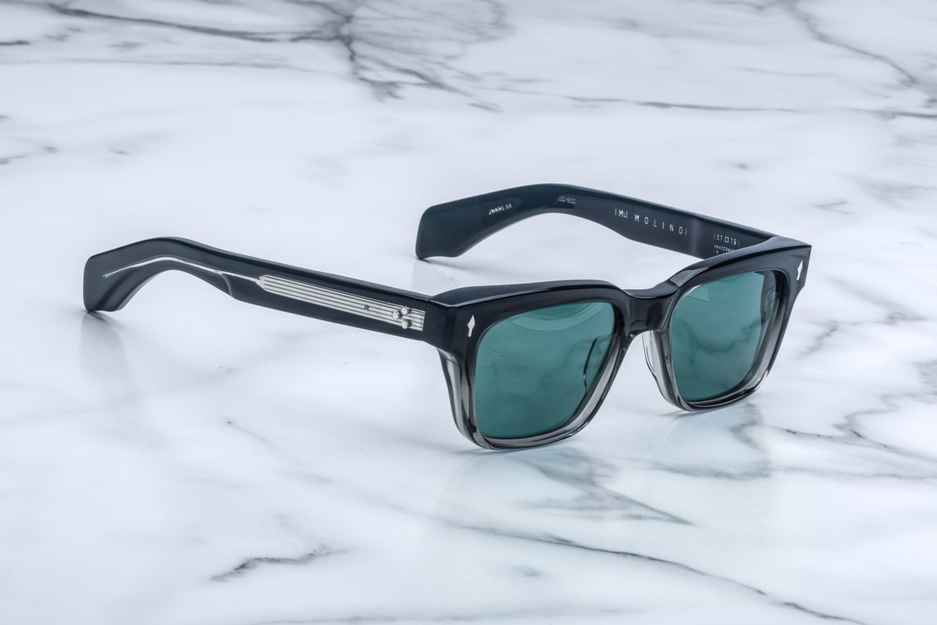 Jacques Marie Mage Walker black rectangular sunglasses with green lenses, UV protection, shown from above.
