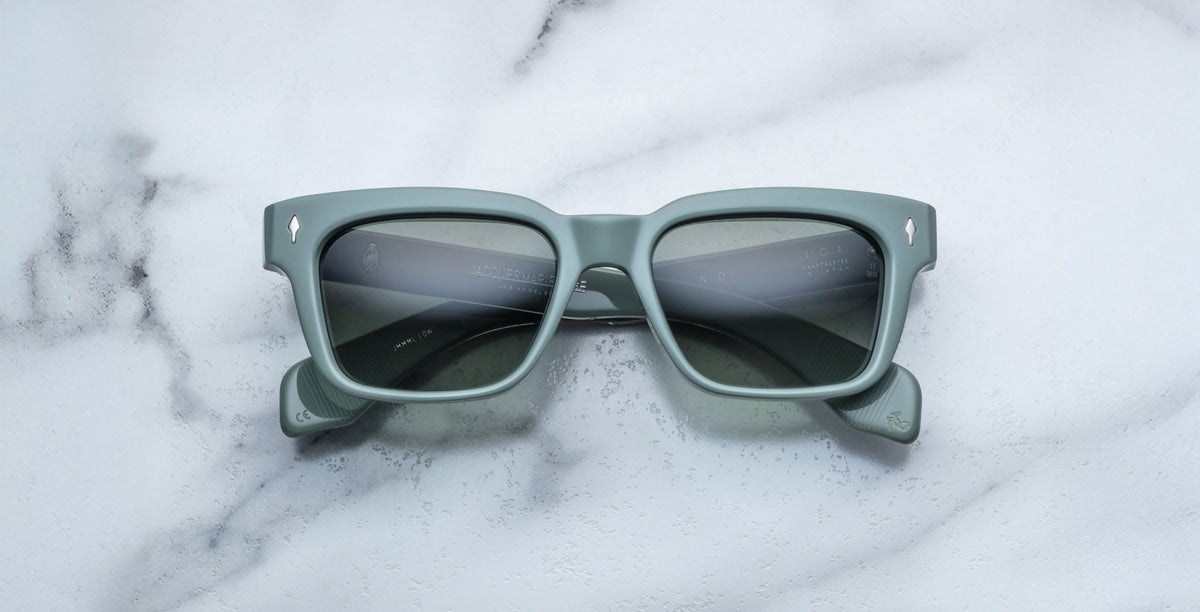 Jacques Marie Mage Molino rectangular green sunglasses with dark lenses, front view, eyewear product.