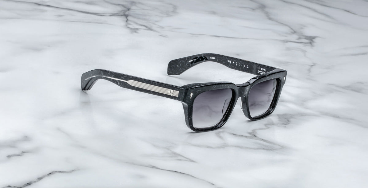 Jacques Marie Mage Molino black square sunglasses with UV-protective dark lenses, front view.