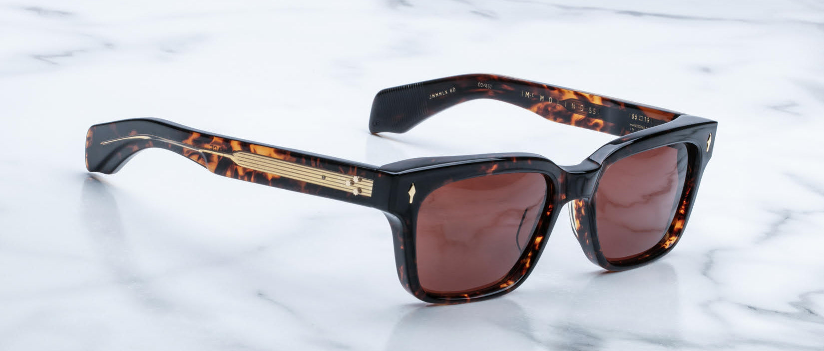 Jacques Marie Mage Molino 55 square sunglasses in tortoiseshell with brown lenses and gold accents, front angle view.