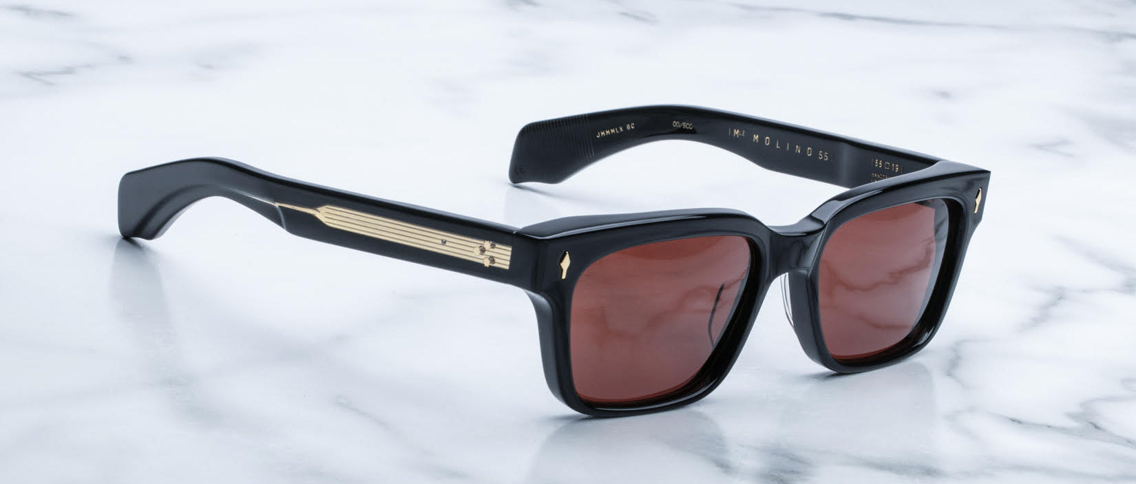 Jacques Marie Mage Molino 55 sunglasses, front view, brown lenses with gold arm details.
