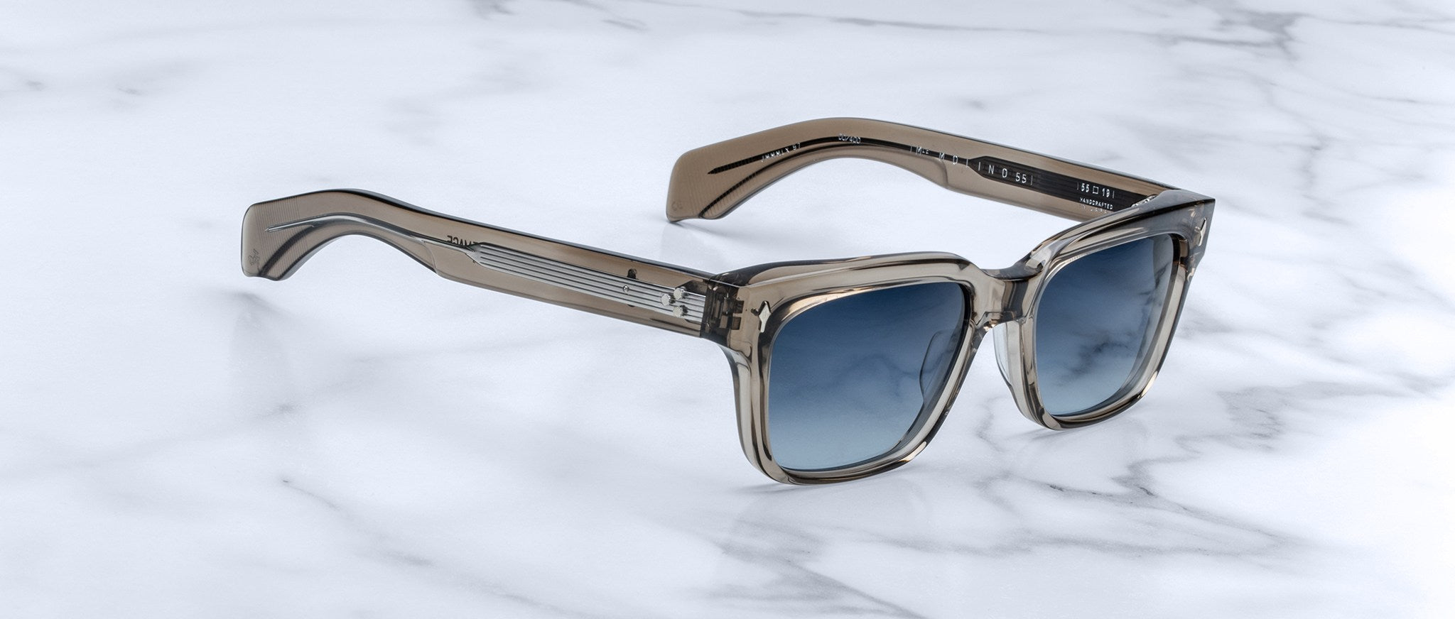 Jacques Marie Mage Molino 55 square sunglasses, front view, with UV grey gradient lenses and translucent brown acetate frame.