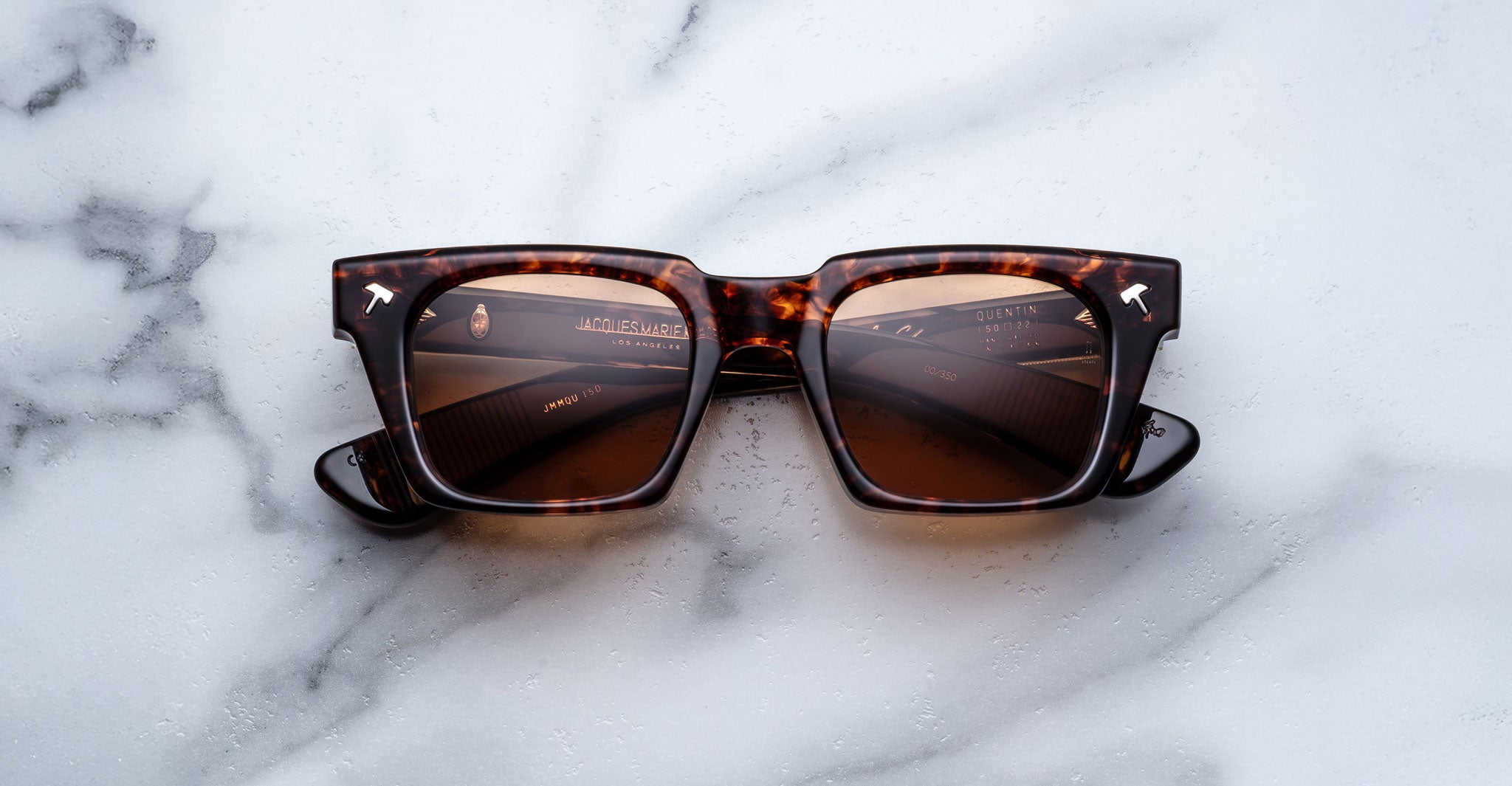 Jacques Marie Mage Quentin tortoiseshell square sunglasses with brown lenses, top view.
