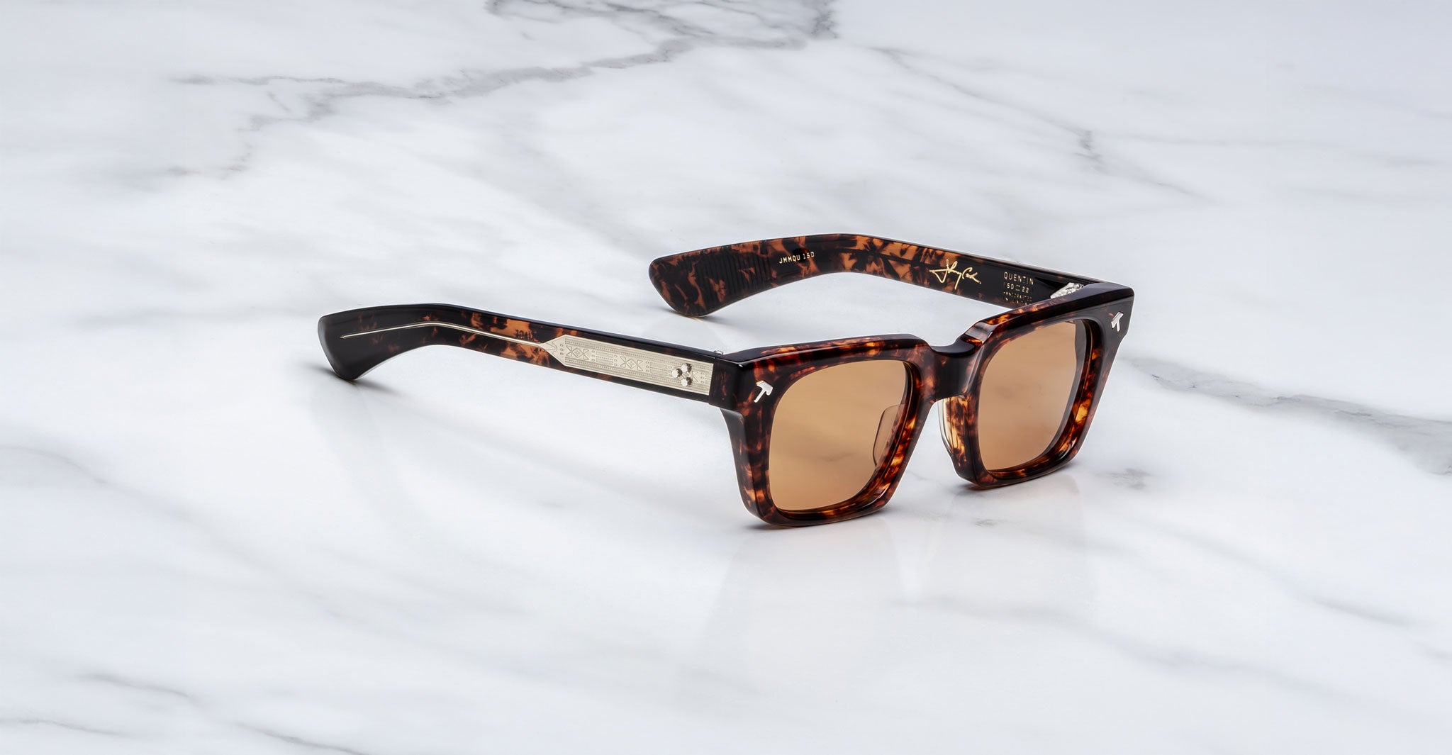 Jacques Marie Mage Quentin square sunglasses in tortoiseshell with gold accents and brown lenses, front view.
