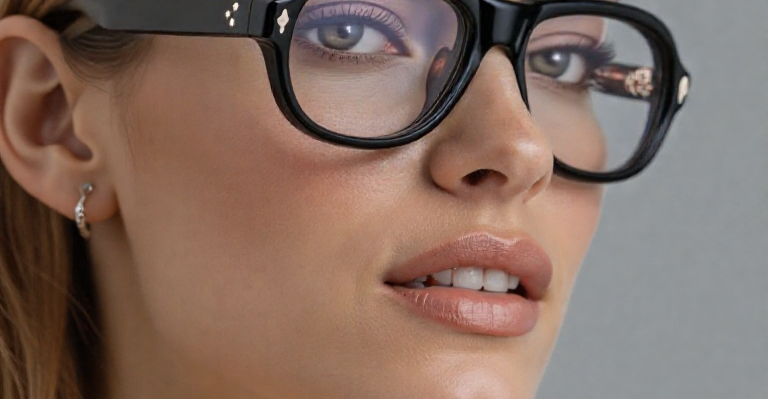 Close-up of female model wearing JMMRHRX-01 Jacques Marie Mage Richard sunglasses in Noir, side profile in a studio setting