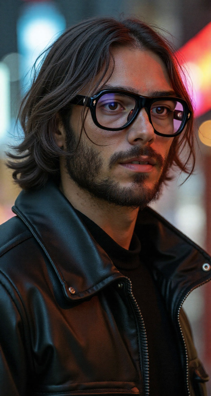Male model wearing JMMRHRX-01 Jacques Marie Mage Richard sunglasses in Noir, in an urban evening setting with a leather jacket.