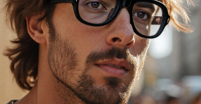 Male model wearing JMMRHRX-01 Jacques Marie Mage Richard sunglasses in Noir, in a casual outdoor daytime setting
