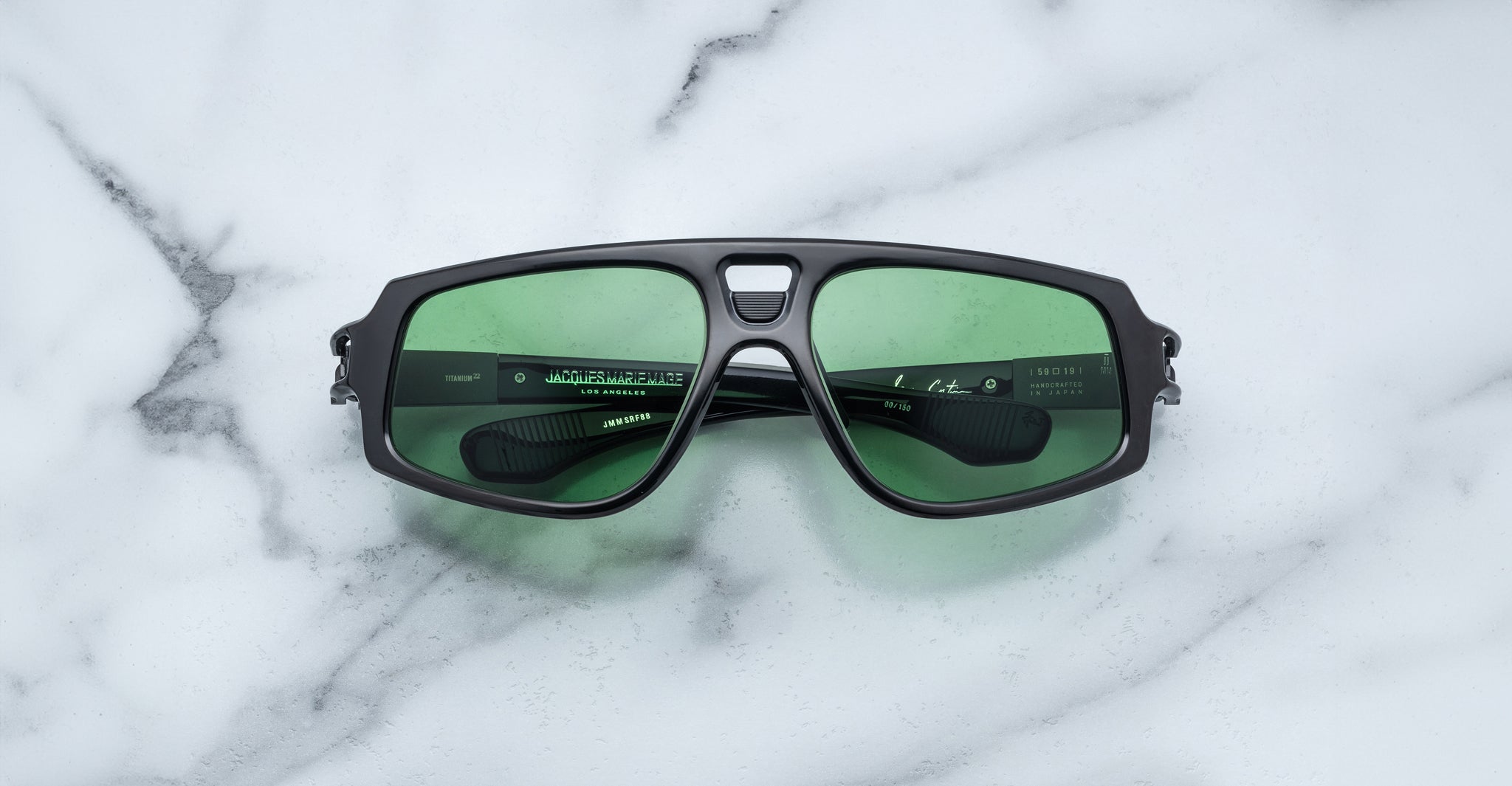 Jacques Marie Mage Scarface sunglasses with green lenses, top view, by Jacques Marie Mage.