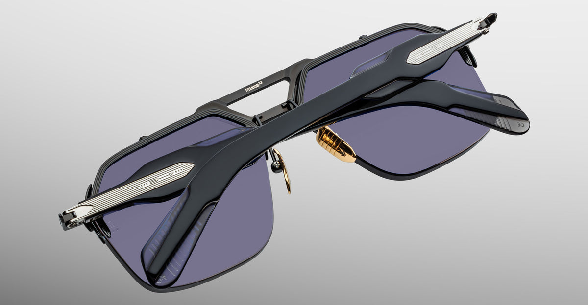 Jacques Marie Mage Silverton sunglass in the Raven colorway back detailed view