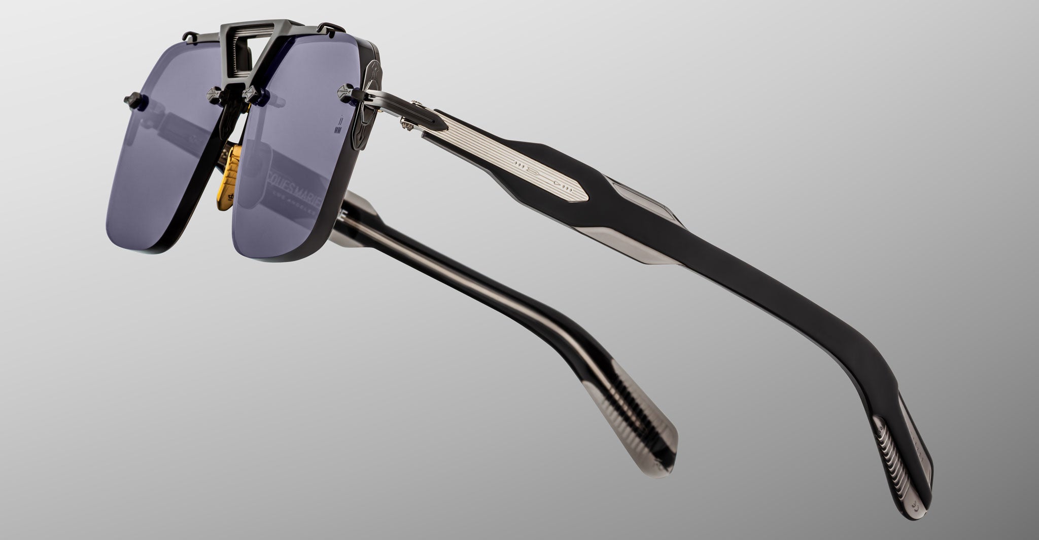 Jacques Marie Mage Silverton sunglass in the Raven colorway detailed profile view