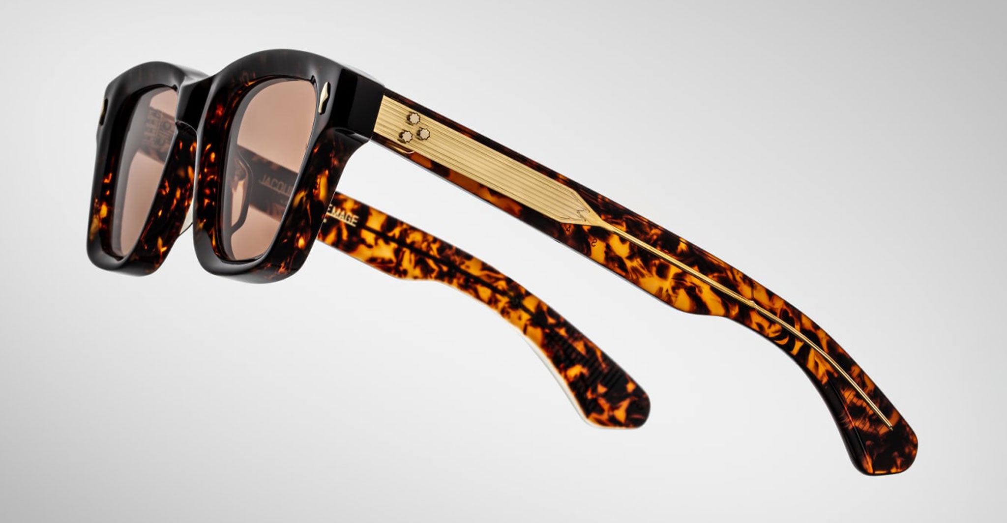 Jacques Marie Mage Sonata sunglasses, rectangular tortoiseshell frames with gold temples, front-facing view.
