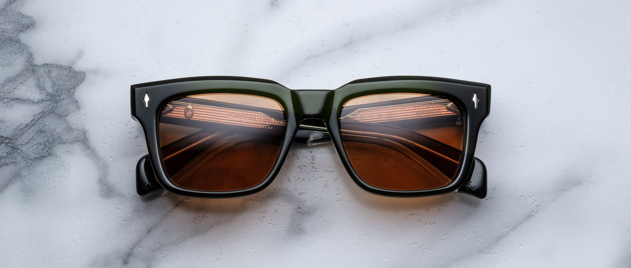 Jacques Marie Mage Torino in Borneo square green-framed sunglasses with brown lenses, front view.