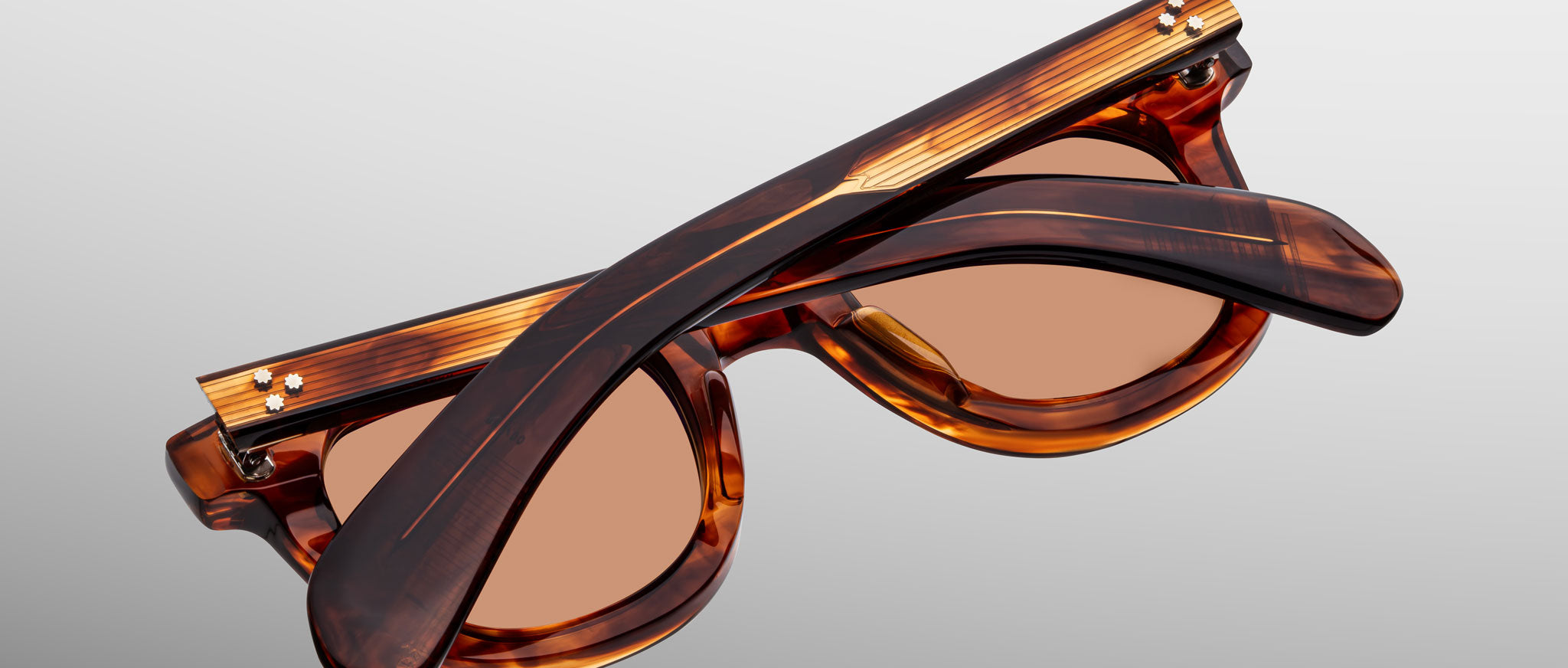 Jacques Marie Mage Vendome sunglasses, brown tortoiseshell frames, folded, product shown from above.
