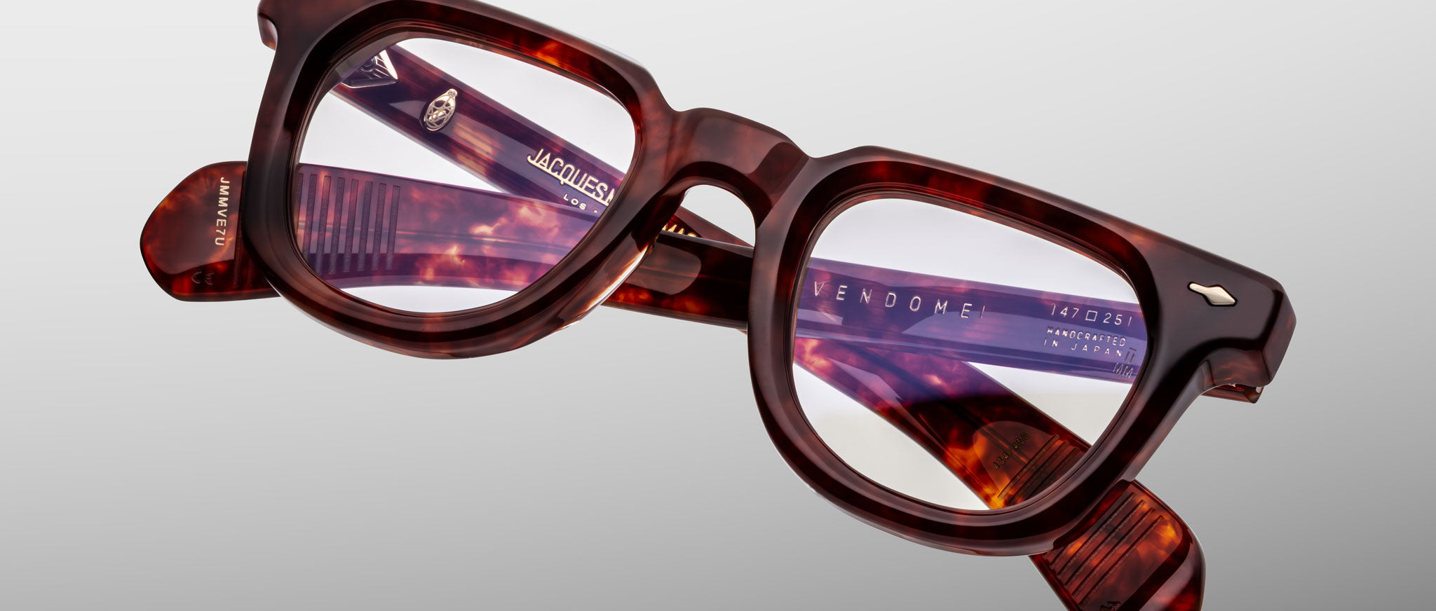Close-up of Jacques Marie Mage Vendome tortoiseshell rectangular eyeglasses with clear lenses, front angle.