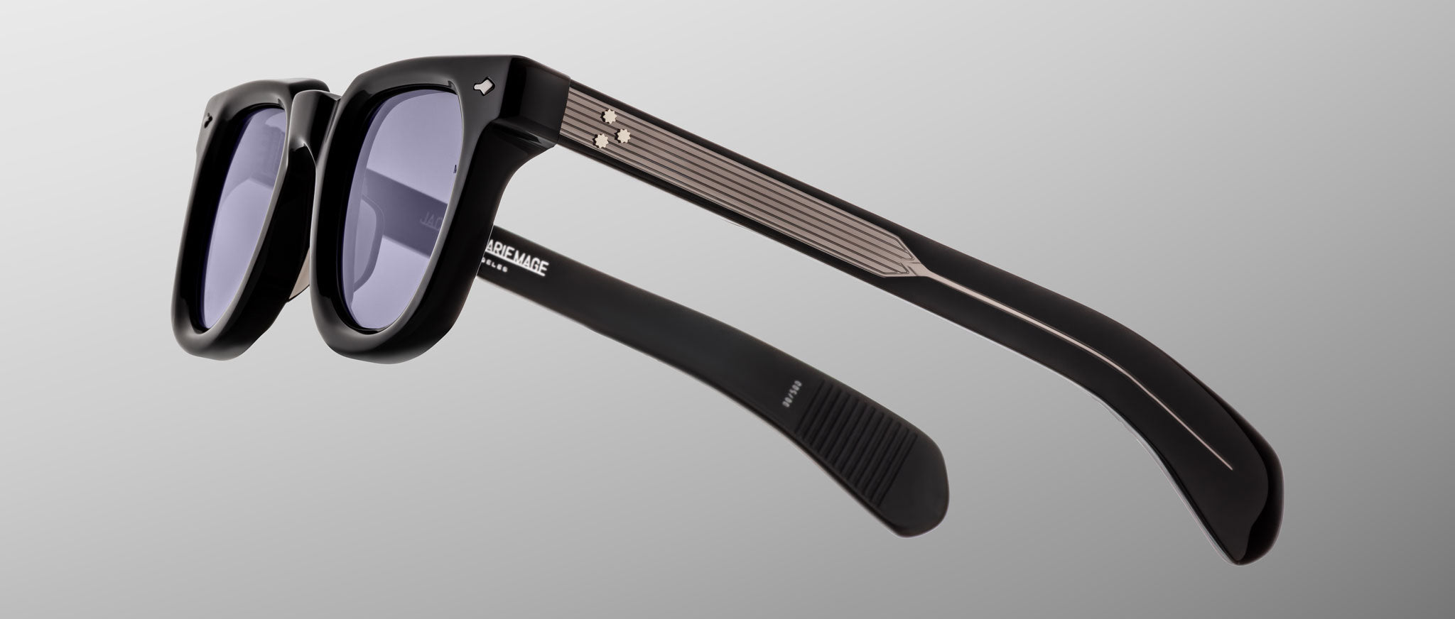 Jacques Marie Mage Vendome sunglasses, black rectangular frames, thick design, UV protection, silver detailing on arms, front view.