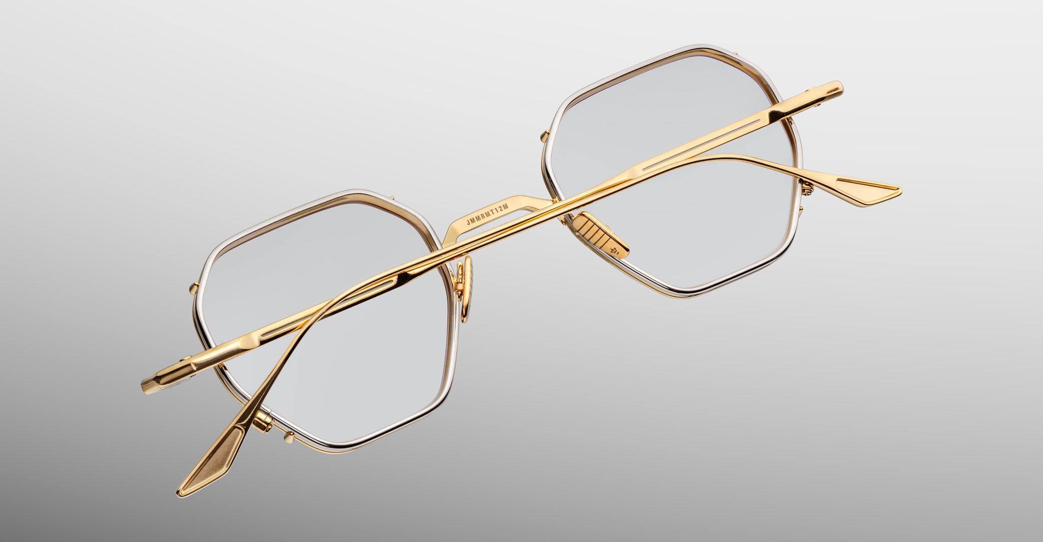 Jacques Marie Mage Verlaine gold geometric eyeglasses with crossed temples, side view, designer optical frames.