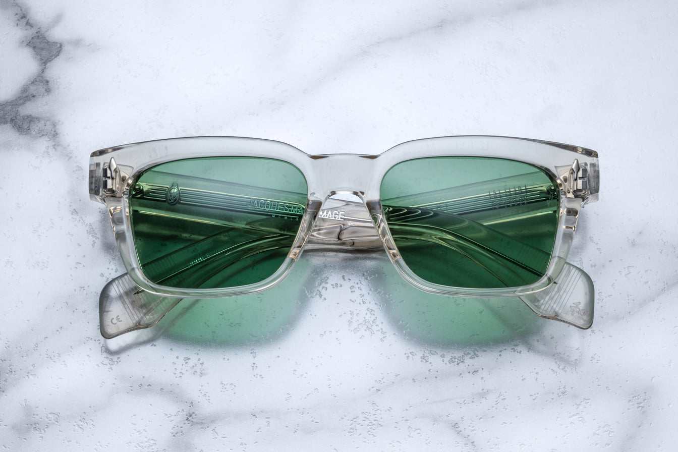 Jacques Marie Mage Walker sunglasses with green lenses, top view.