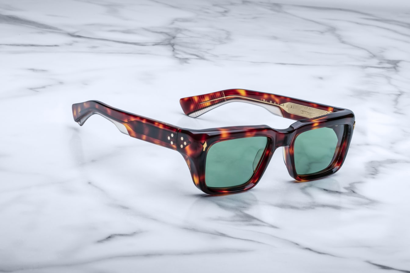 Jacques Marie Mage Walker tortoiseshell rectangular sunglasses with green polarized lenses, front view.