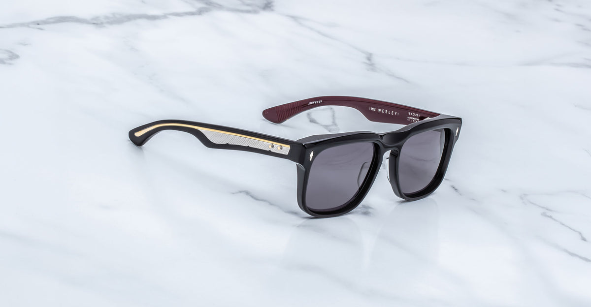 Jacques Marie Mage Wesley sunglasses, gold-accented temples, top view. Eyewear.