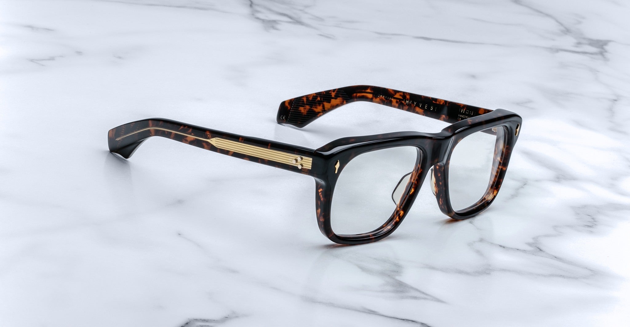 Jacques Marie Mage Yves eyeglasses with gold accents, top view showing round frames and temples.