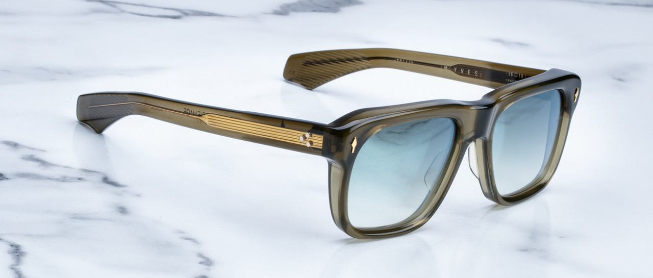 Jacques Marie Mage Yves olive green sunglasses with gradient blue lenses, shown from above.