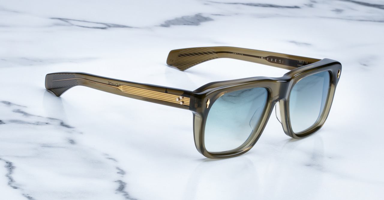 Jacques Marie Mage Yves olive green sunglasses with gradient blue lenses, shown from above.