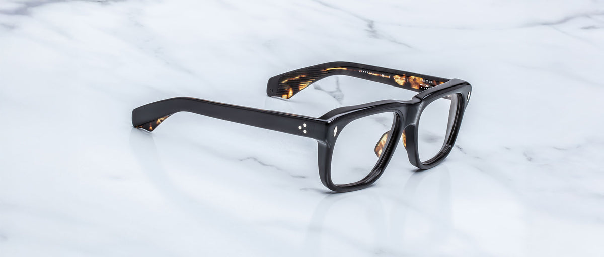 Jacques Marie Mage Yves black rectangular acetate eyeglasses, top view.