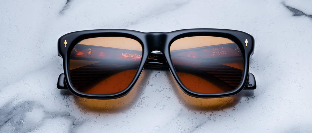 Jacques Marie Mage Yves sunglasses with amber lenses, top view showing front and lenses.