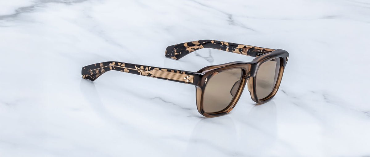 Jacques Marie Mage Yves square sunglasses in brown tortoiseshell with tan lenses, front view.