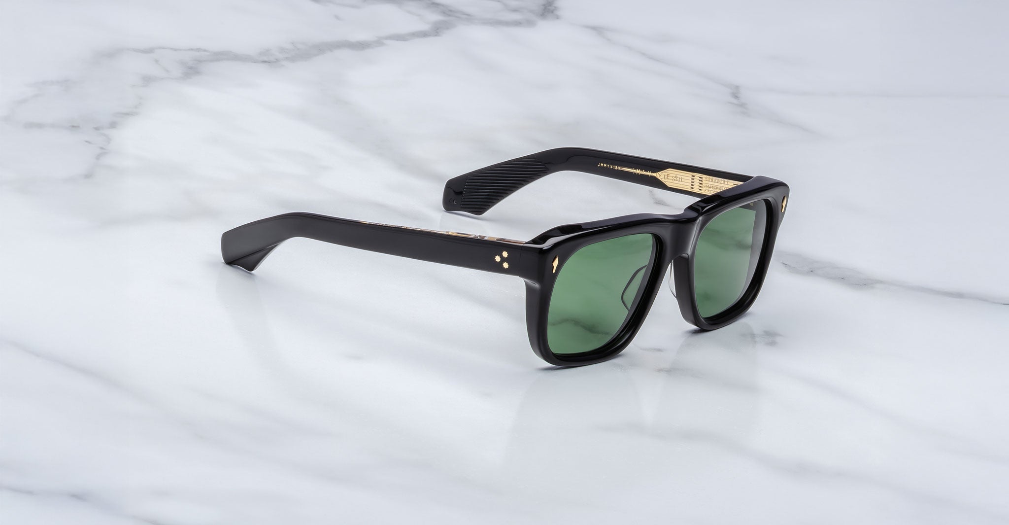 Jacques Marie Mage Yves black square-frame sunglasses with UV-protection green lenses, front view.