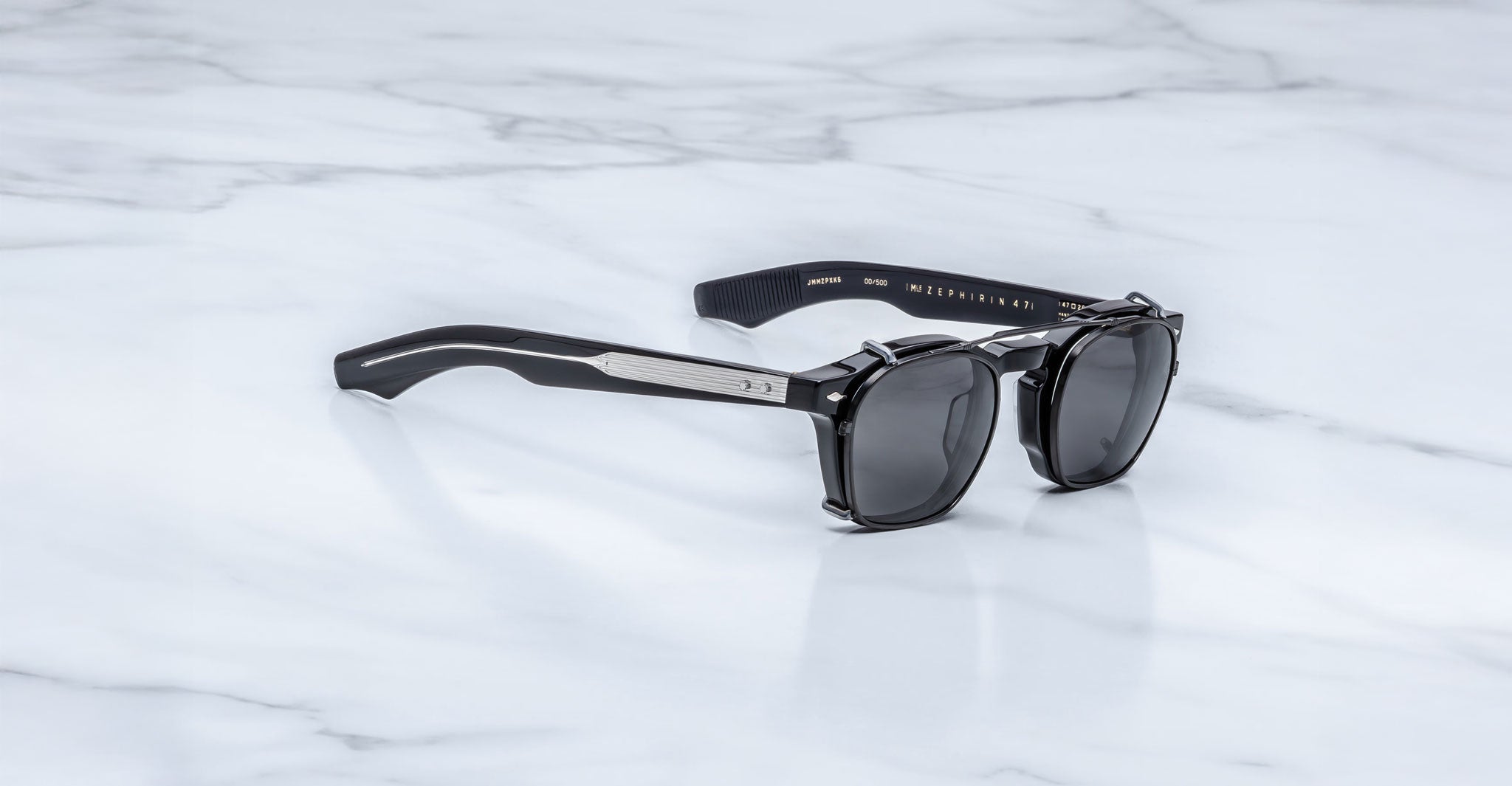 Jacques Marie Mage Zephirin 47 Clip On 2 sunglasses with dark lenses, top view showing frame details.