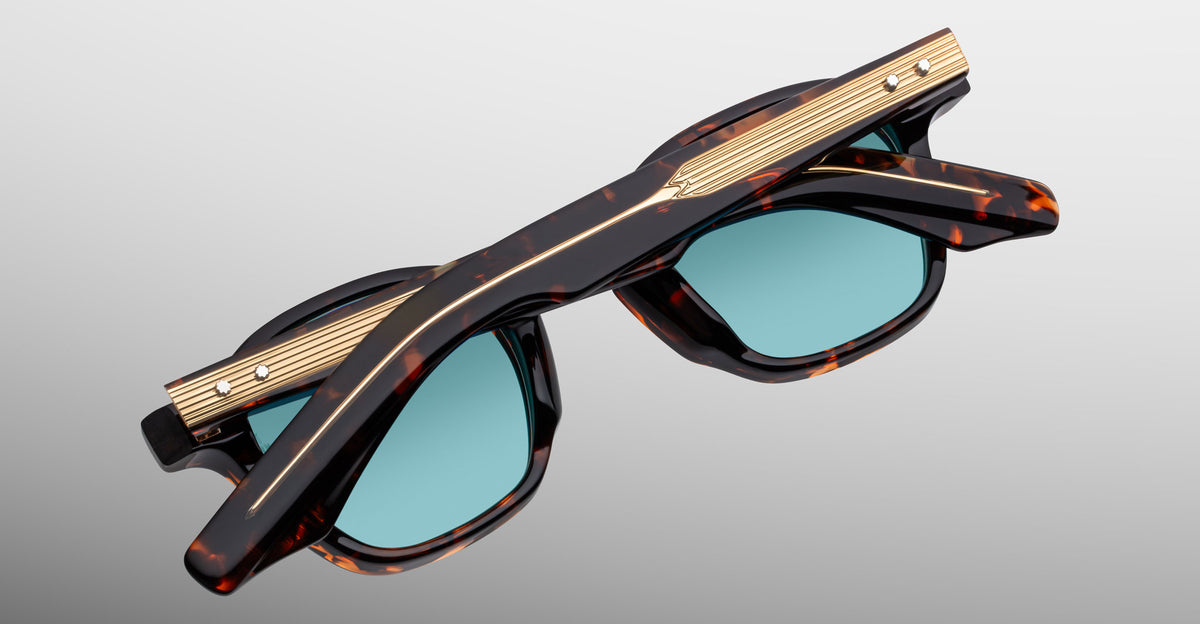 Jacques Marie Mage Zephirin sunglasses in Aegen, rear detail showing dark tortoiseshell acetate temples and gold-tone wirecore hardware.