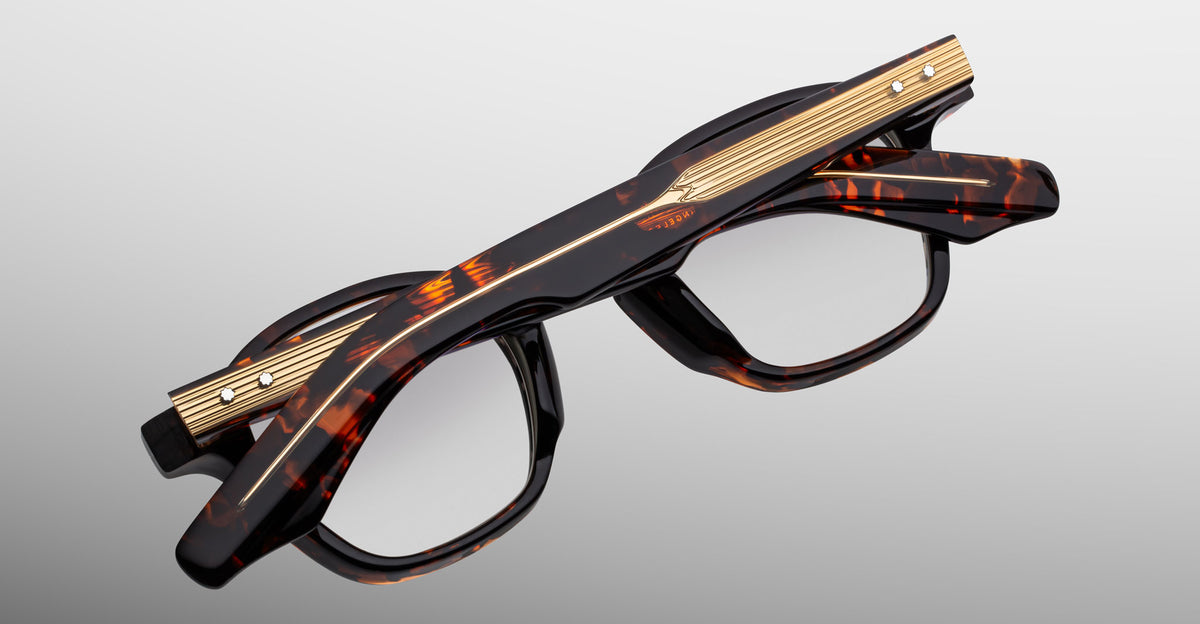 Jacques Marie Mage Zephirin optical frame in Aegen, rear detail showing dark tortoiseshell acetate temples and gold-tone wirecore hardware.