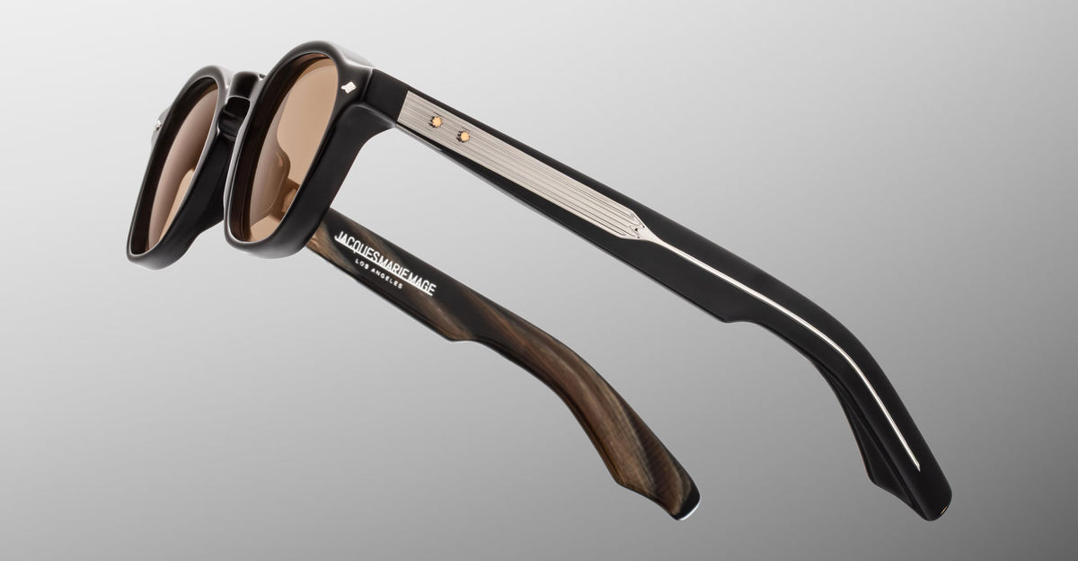 Jacques Marie Mage Zephirin sunglasses in Brun, side detail showing dark brown acetate temples, warm brown lenses, and silver-tone wirecore hardware.