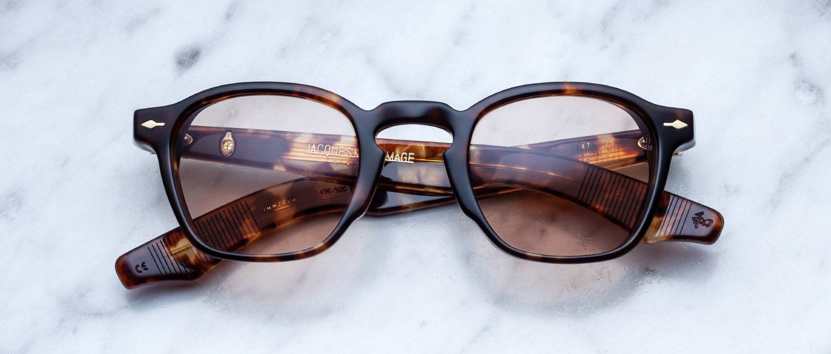 Jacques Marie Mage Zephirin 47 round tortoiseshell eyeglasses shown from above.