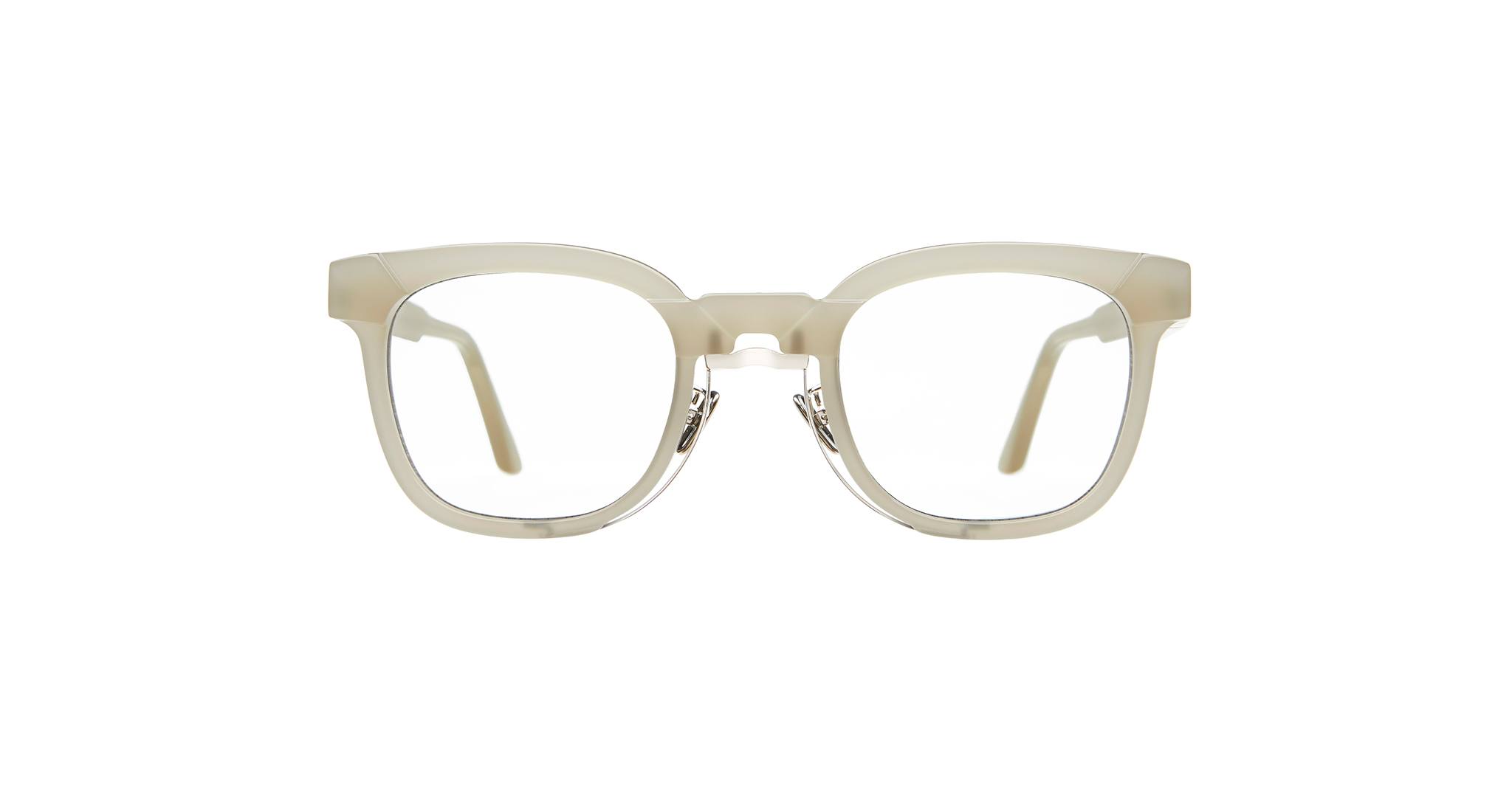 Beige, rectangular eyeglass frames with clear lenses, shown facing forward on a white background.