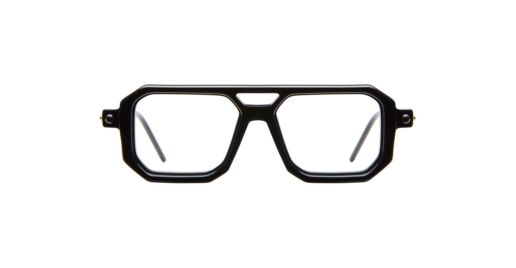 KUBORAUM P8 eyeglasses, black geometric frames with clear lenses, front view showing brand and model details.