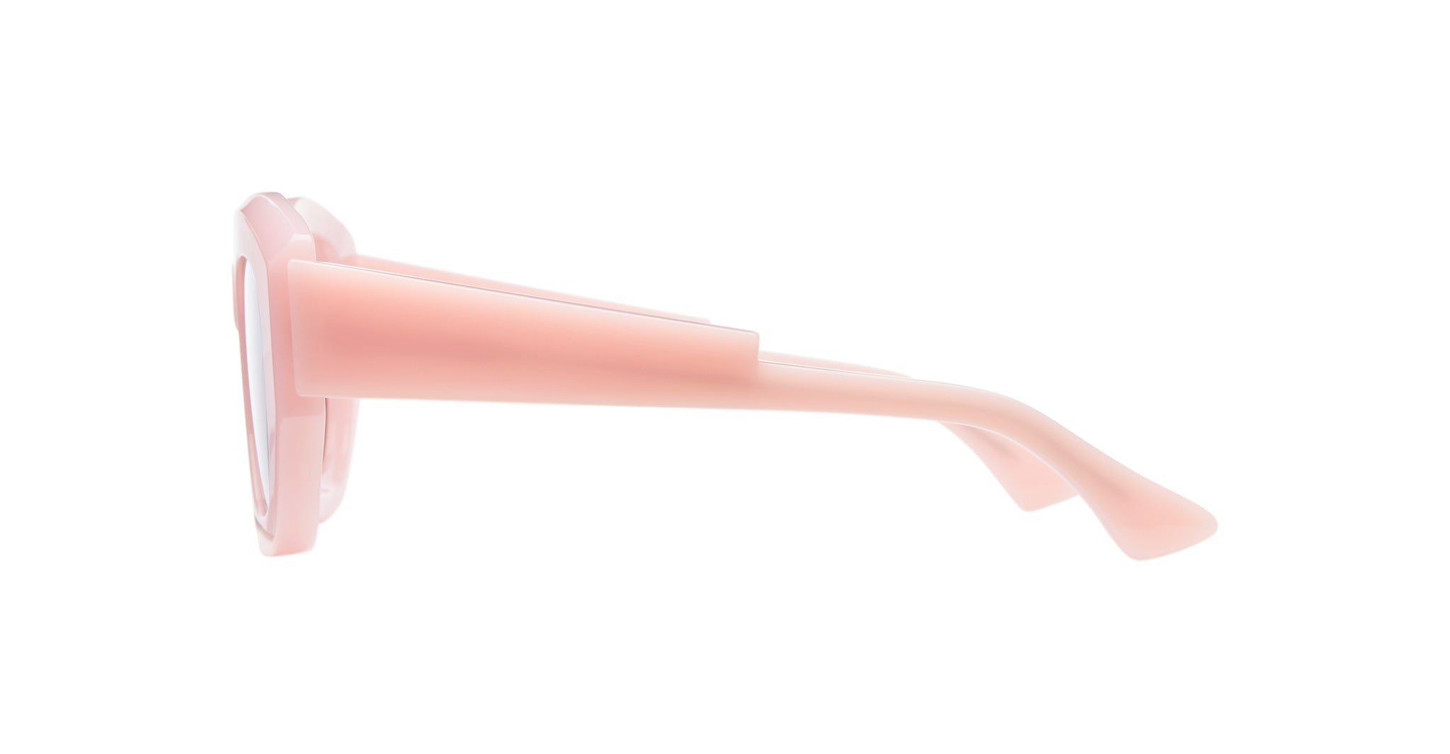 Side view of Kuboraum B2 pink plastic eyeglass frames with thick arms, displayed against a white background.