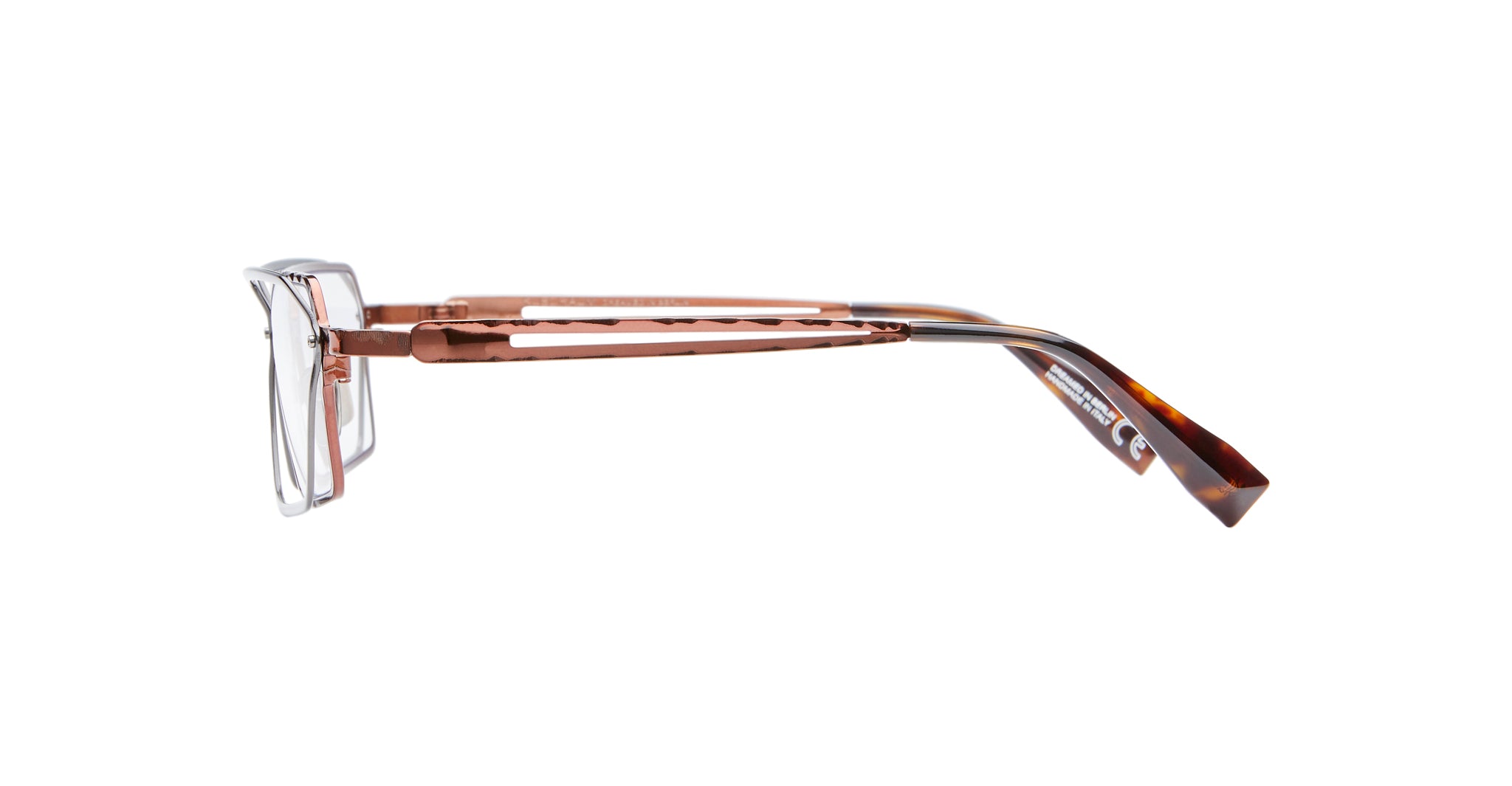 Side view of Kuboraum H15 eyeglasses featuring clear rectangular frames, pinkish-brown textured arms, and tortoiseshell-patterned tips, set against a white background.